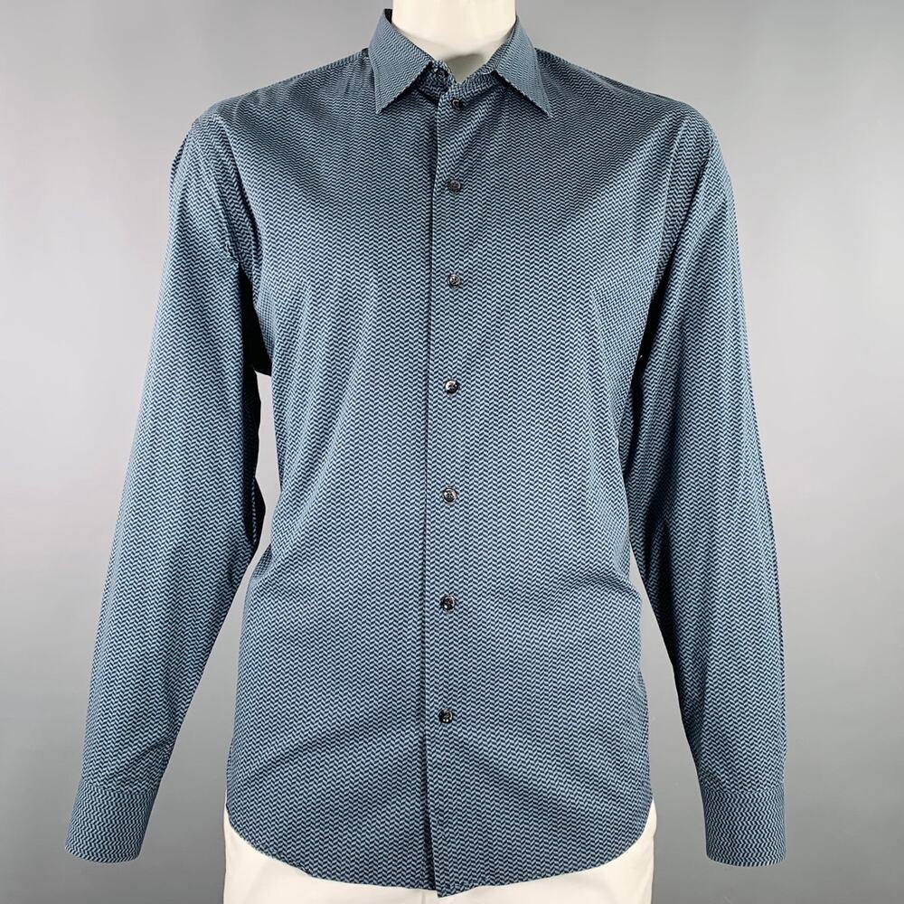 EMPORIO ARMANI Size XXL Blue Black Herringbone Long Sleeve Shirt